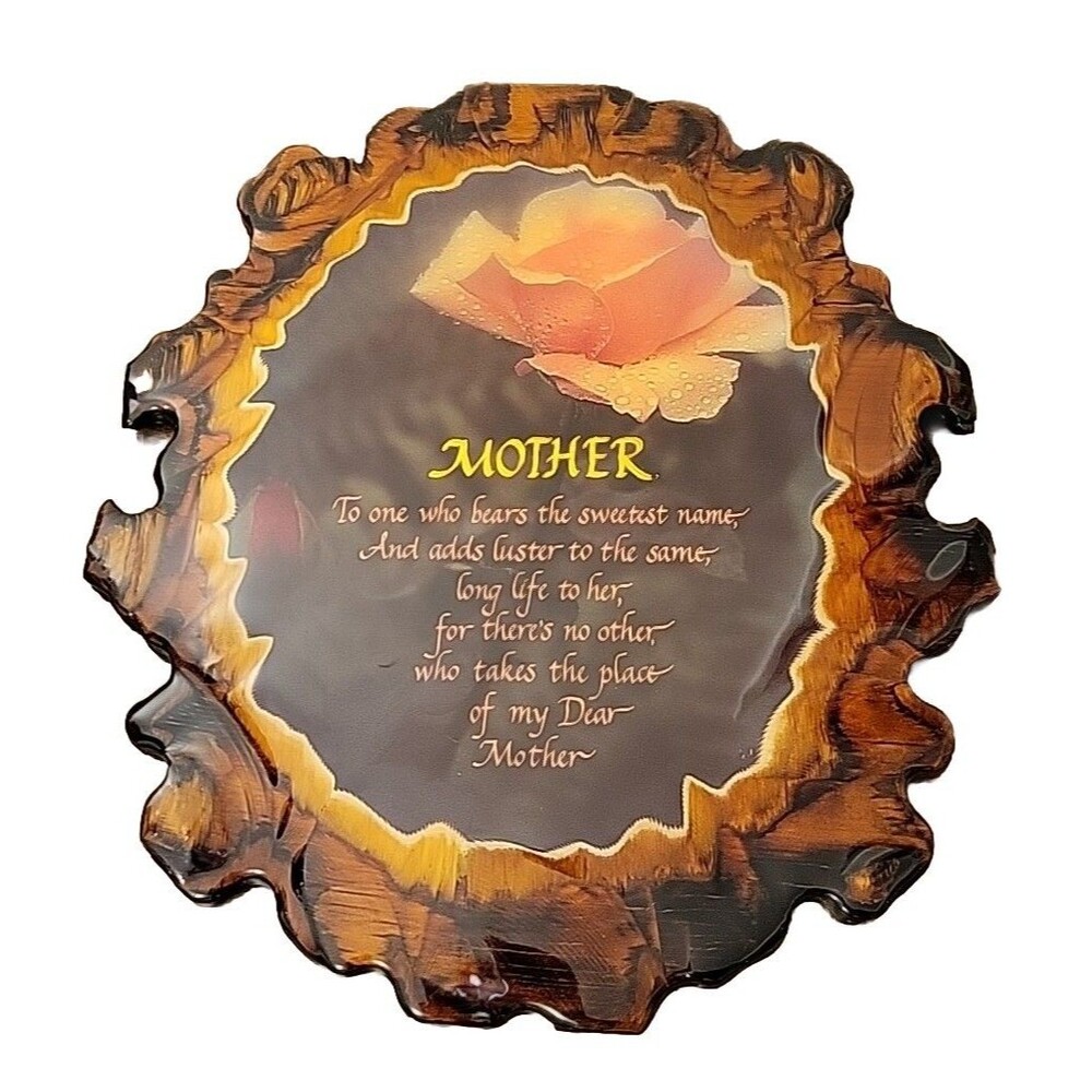 Vintage MOTHER Poem Lacquer Wood Wall Hanging Plaque Picture Rose Retro